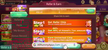 A mobile gaming interface showing a three-step referral program for earning unlimited chips and bonuses.