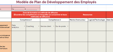 Plan de développement des compétences : modèle excel basé sur les écarts de compétences individuelle