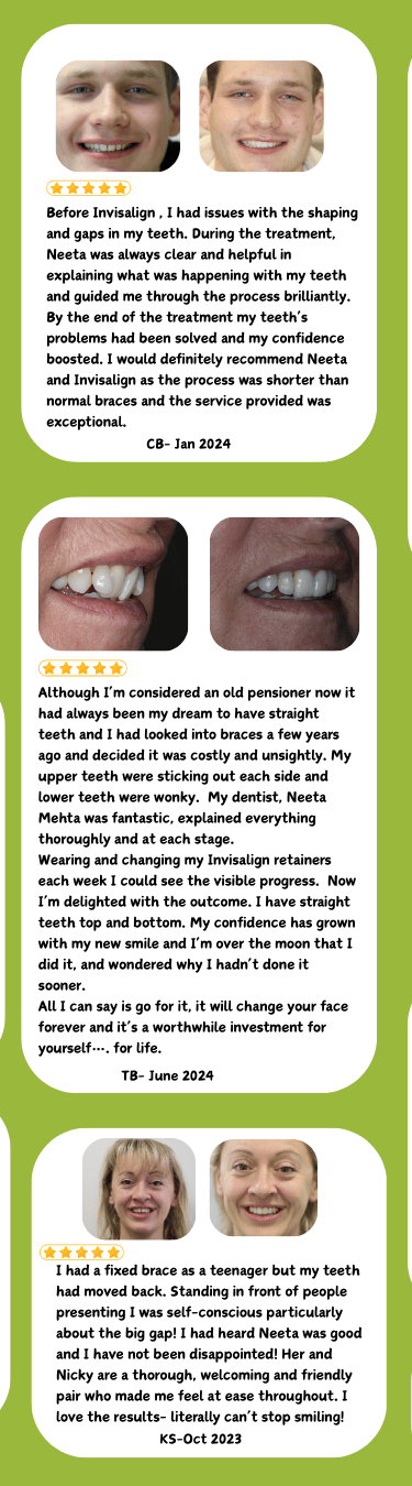 Collection of Invisalign before and after dental photos showing teeth straightening results with patient testimonials.