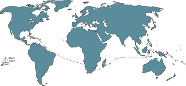Sailing map from Tahiti to Florida through Polynesia, Indonesia, and around Africa