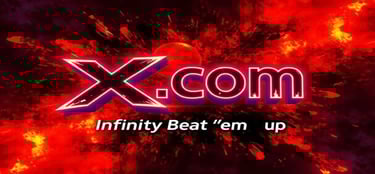 a red and black logo with the word x.com infinity beat 'em up