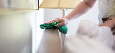 a woman cleaning a bed with a green cloth