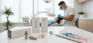 Materiales para implantes dentales, incluyendo cajas de la marca Straumann, un implante y una corona