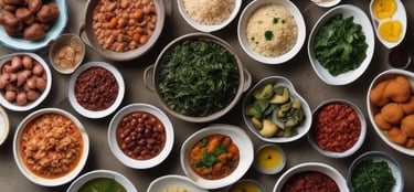 variedades de comidas postas em uma mesa. legumes, grãos, caldos 