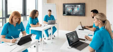 Equipo dental en formación con tecnología, viendo radiografías de implantes