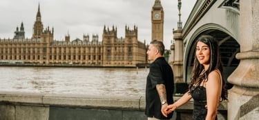 Couple by the River Thames with Westminster view, captured by Fred Art Studio.