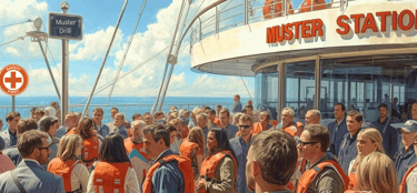 passageiros participando do muster drill a bordo de cruzeiro moderno