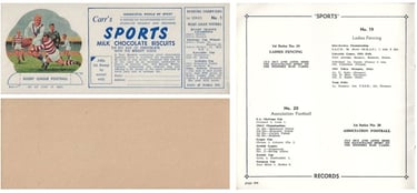 Carr's Sports Milk Chocolate Biscuits Cards to cut out and put in album 1960s