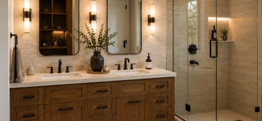 Modern bathroom with double wood vanity, black faucets, and a glass walk-in shower.