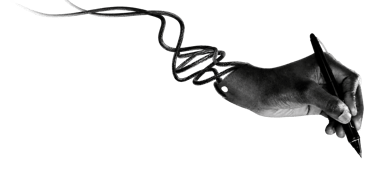 A black and white image of a robotic hand holding a digital pen with tangled power cables on a dark background.