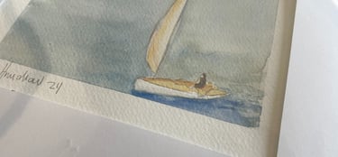 Aquarela pintada à mão, de velejador no mar de Ilhabela, São Paulo - Brasil