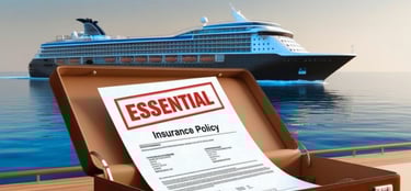 Mala de viagem em destaque com apólice de seguro visível, e navio de cruzeiro ao fundo 