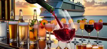 Bar elegante no deck do navio com vinhos, coquetéis e destilados