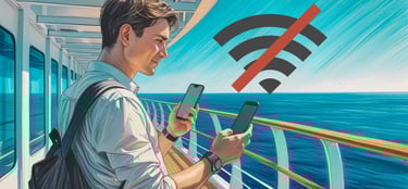 Passageiro adulto no deck de um navio segurando celular com sinal de Wi-Fi fraco, oceano ao fundo