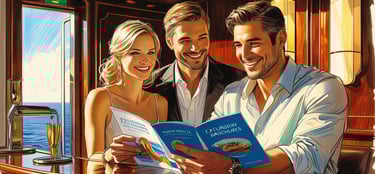 Passageiros decidindo qual excursão reservar no balcão do navio usando o Onboard Credit (OBC).