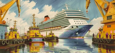 Navio de cruzeiro atracado em porto movimentado, mostrando infraestrutura portuária