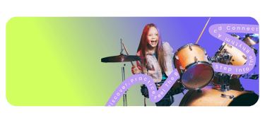 bright green to purple transition little girl playing drums with light purple lines around her