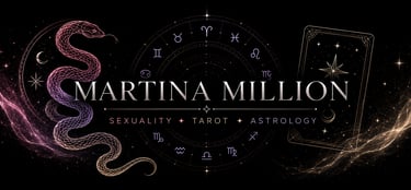 Martina Million logo with snake, tarot card, and astrology zodiac wheel on a cosmic black background.