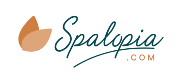 Spalopia.com logo featuring teal cursive typography and orange leaf icons on a black background.