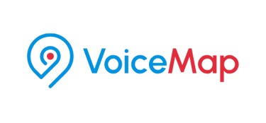 VoiceMap logo featuring a blue location pin icon and red text on a black background.