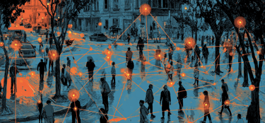 a group of people walking around a city street