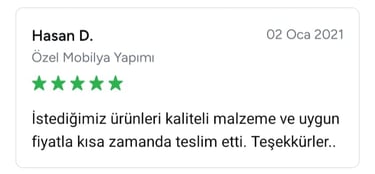 Hasan isimli müşterinin kaliteli malzeme ve uygun fiyata vurgu yapan görseli