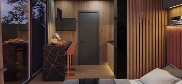 Modern interior design of Mirrored Cabin with large windows
