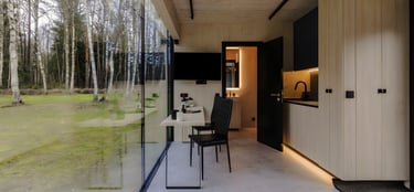 Minimalist kitchen inside Mirrored Cabin with forest view
