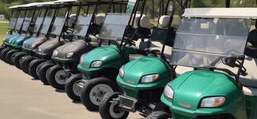 Green golf carts ready for hire
