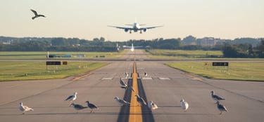 A plane landing at an airport with birds in the foreground.