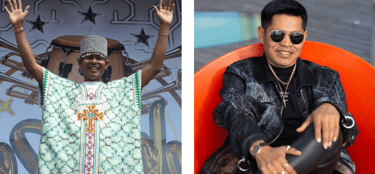 Side-by-side photos of Roger Bardales wearing traditional Shipibo Kushma and in trendy streetwear