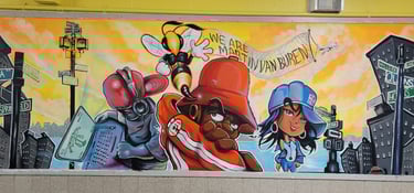 An image of rappers and a DJ painted inside of a school that has a recording studio.