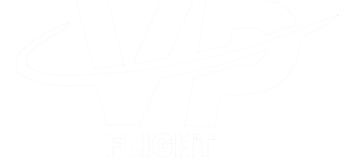 a white logo with the words VP, flight