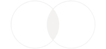 A minimalist black and white Venn diagram showing two overlapping circles on a dark background.