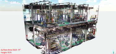 A 3D laser scan point cloud of an industrial facility for BIM modeling and architectural surveying.