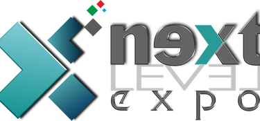 Next Level Expo official logo with geometric arrow design in teal and gray