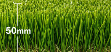 A 50mm pile height artificial grass landscape turf with realistic green blades and thatch.