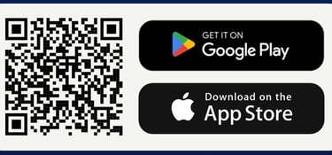 QR code next to Google Play and Apple App Store download buttons for mobile application installation.