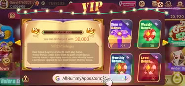 VIP rewards dashboard on a mobile rummy app showing daily, weekly, and monthly bonuses.