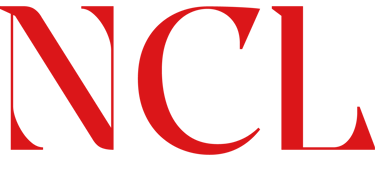 a red and black logo with the words ncl