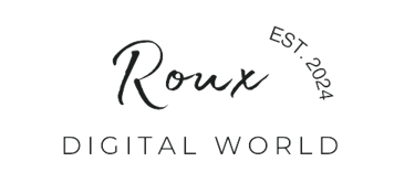 a black and white logo with the words roux digital world EST. 2024