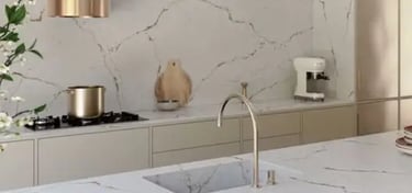 bancada de cozinha quartzo luxury esmeralda garden marmoraria domingues
