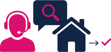 Customer support agent icon assisting with home search and property verification services.