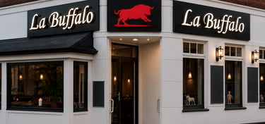 Premium illuminated restaurant signage design for La Buffalo featuring modern outdoor branding and luxury facade advertising.