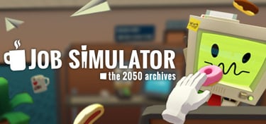 A cartoon computer in an image of the arcade VR work simulation video game job simulator