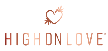 The photo shows the logo of HighOnLove Brand, written in rose gold letters, with a heart above the letters.