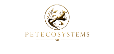 Pet Ecosystems gold logo on black background.