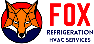 Fox Refrigeration and HVAC Services logo with a geometric orange fox head over a red and blue circle.