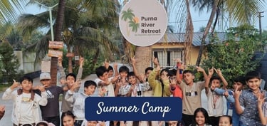 school kids posing at purna river retreat during summer camp near surat