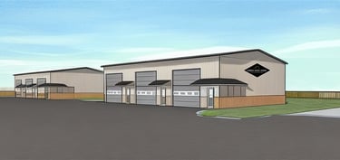 a rendering of a commercial building with a parking lot